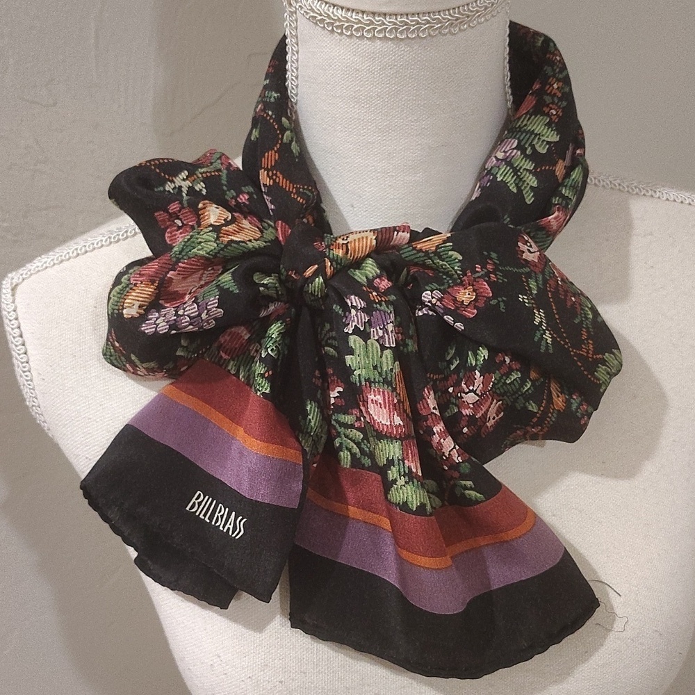 Bill Blass Printed Silk Scarf Black Gold Floral Head Neck Scarf Vintage